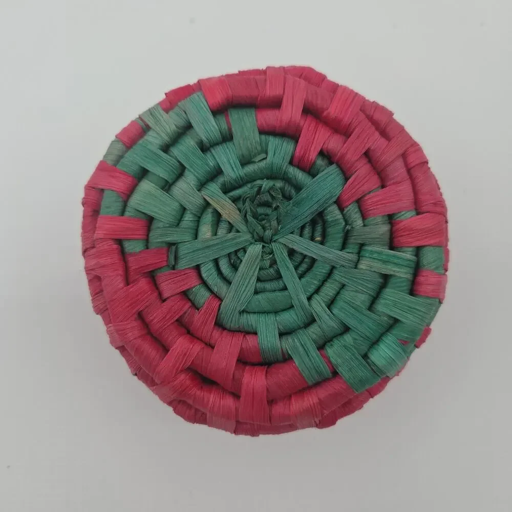 Small Strawberry Basket Handwoven Lidded Trinket Box Pink Green Boho Cottagecore